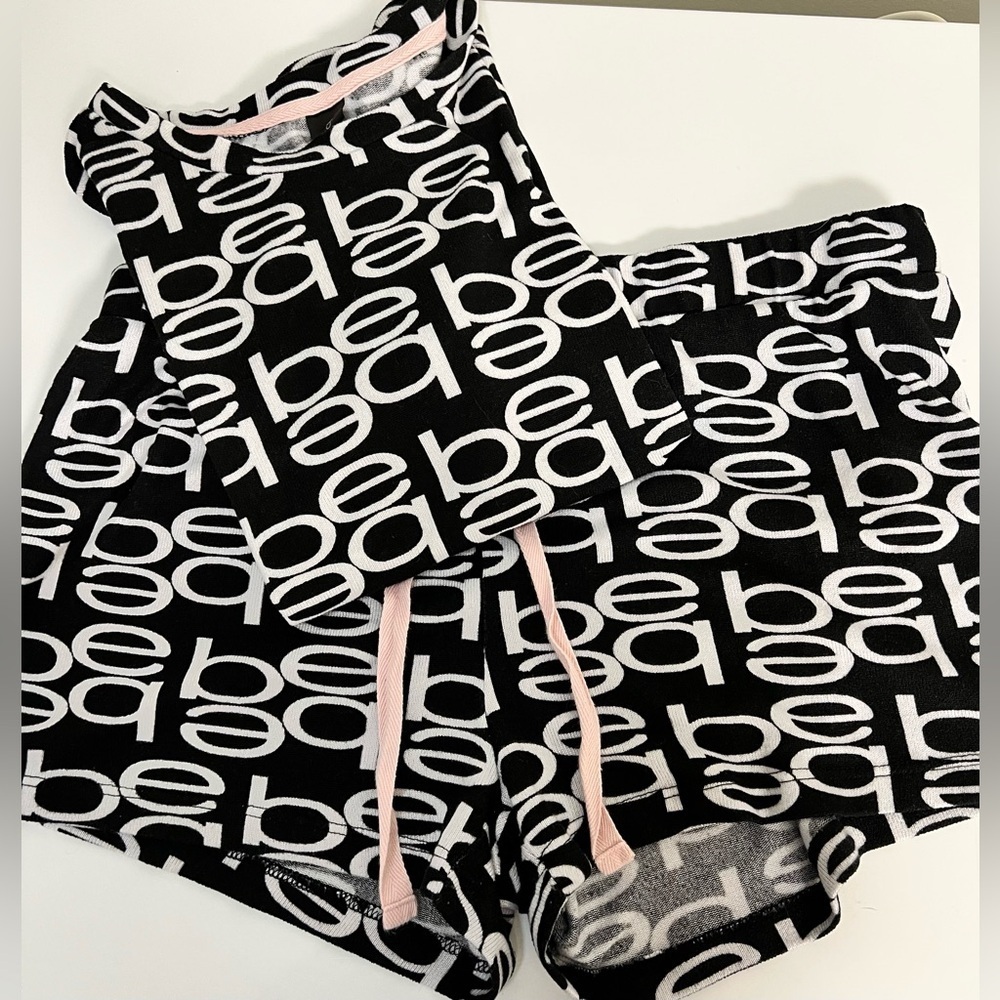 bebe logo black and white 2 piece PJ set shorts shirt soft lightweight Med EUC